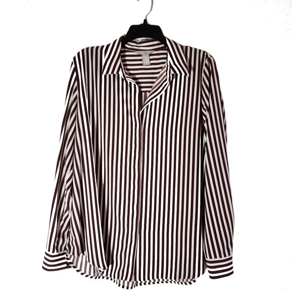 H&M Tops - H & M Satin Striped Brown and Cream Button-Down Blouse